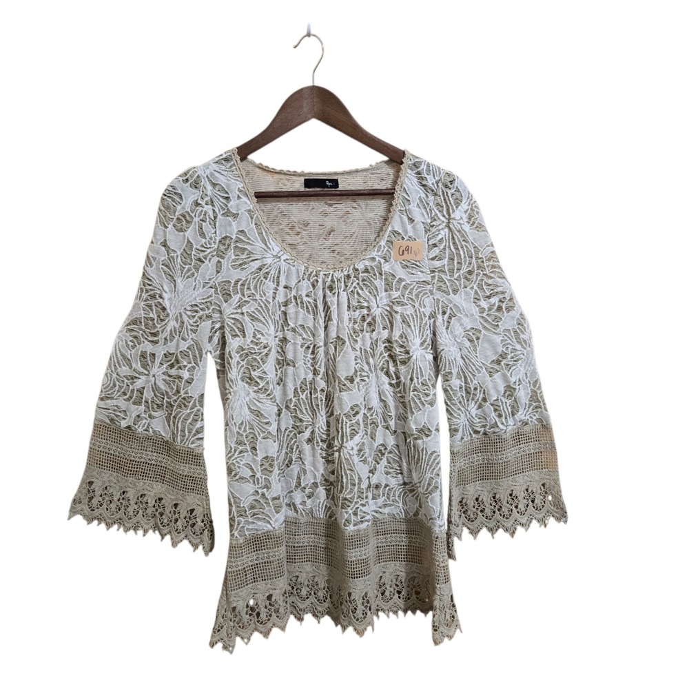 Ryu Anthropology  Women's Blouse SZ SM Cream Lace Boho‎ Cottage Pheasant Hippie